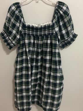 AE Tartan Plaid Smocked Puff Sleeve Babydoll Mini Dress, MED